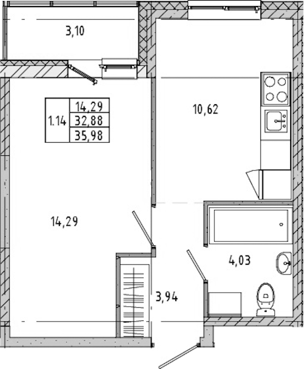 1-комнатная квартира 32.62 м², 17/21 эт., ЖК «Новые горизонты 2»
